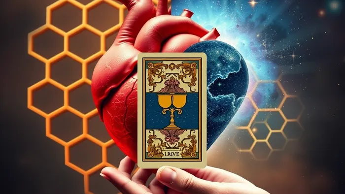 Символическое изображение сердца, разрываемого между стабильной структурой и свободным полетом среди звезд. Карта Таро 'Двойка Кубков' между двумя половинами.