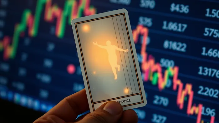 Карта Таро Умеренность, лежащая поверх графиков курсов валют на экране ноутбука, символизирующая поиск баланса в финансовой нестабильности.