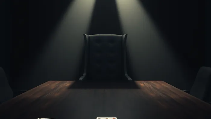 Символическое изображение конфликта на работе через призму карт Таро: Император, Пятерка Мечей и Башня на столе переговоров в полумраке.