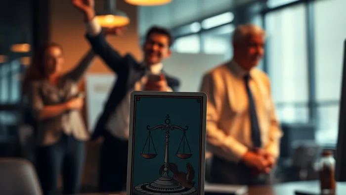 Карта Справедливость из колоды Таро на фоне офисной сцены, символизирующая поиск правды в ситуации возможной дискриминации