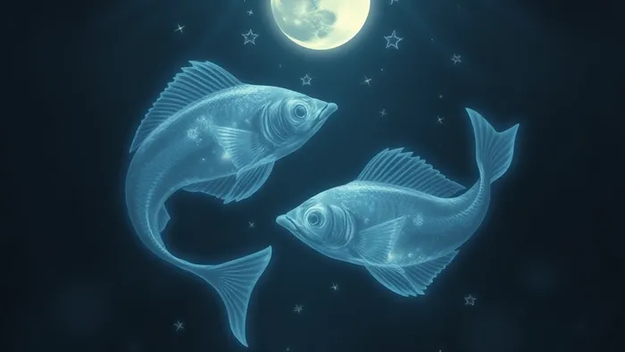 Символ знака Зодиака Рыбы, переплетённый со светящимися картами Таро Старших Арканов в глубинах океана.