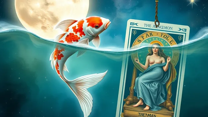 Две карпа кои плывут в космическом океане, который перетекает в изображения карт Таро Луна и Повешенный. Сюрреалистичная и мистическая композиция, символизирующая связь знака Рыб с глубинными Арканами Таро.