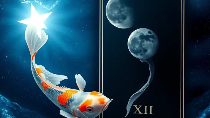 Сюрреалистичная иллюстрация: две карпа кои плывут в космическом океане, перетекающем в карты Таро Звезда и Луна. Символизм знака Рыб и водных арканов.