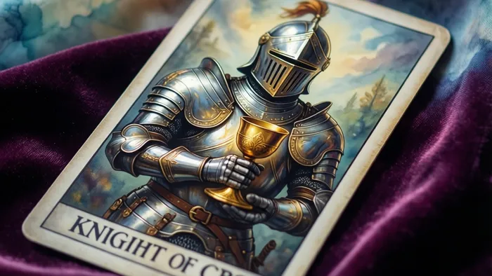 Карта Таро Рыцарь Кубков крупным планом на бархатной ткани. Рыцарь в доспехах с кубком в руке на фоне волнообразных водяных разводов.