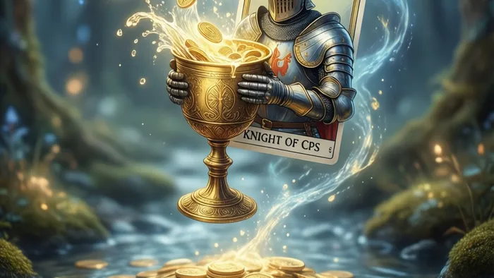 Символическая иллюстрация карты Таро Рыцарь Кубков, взаимодействующей с потоком золотых монет и воды, представляющая связь эмоций и финансов.