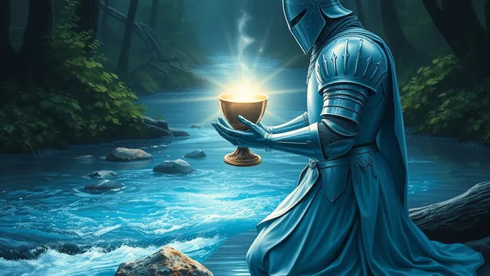 Символическое изображение Рыцаря Кубков у лесного ручья, предлагающего чашу со светящейся водой, олицетворяющей исцеление и эмоциональный поток.