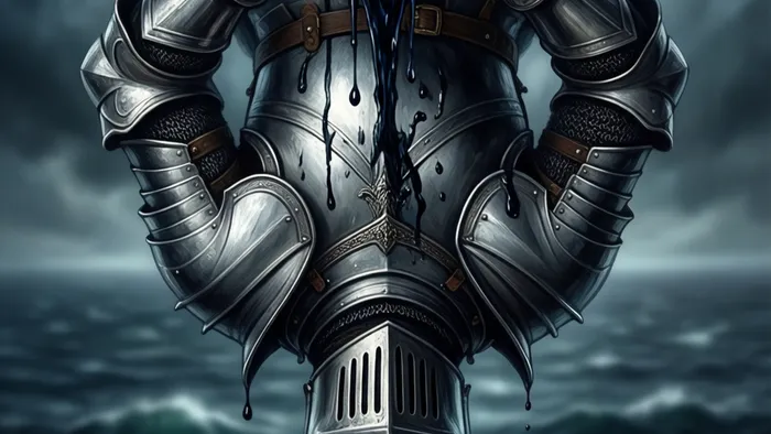 Символическое изображение перевернутого Рыцаря Кубков Таро: рыцарь в доспехах, из опрокинутого кубка льется темная вода, фон — бушующее море и тучи.