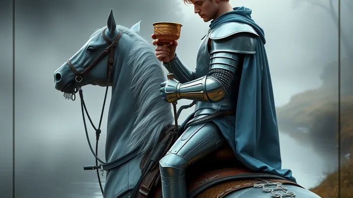 Архетип Рыцаря Кубков из колоды Таро: всадник в сине-серебристых доспехах, держащий чашу, едет вдоль реки в туманном пейзаже.