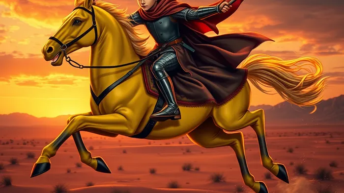 Рыцарь Жезлов из колоды Таро: всадник на жёлтом коне в момент прыжка, держащий горящий жезл, на фоне пустынного пейзажа.