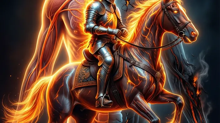 Символическое изображение Рыцаря Жезлов внутри контура человеческого тела, показывающее двоякое влияние огненной энергии: исцеляющий свет с одной стороны и разрушительный дым с другой.