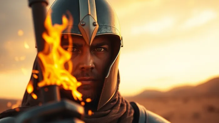 Крупный план карты Таро Рыцарь Жезлов с эффектом оживания: взгляд рыцаря, искры от жезла, динамичный фон.