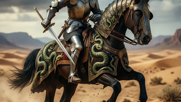 Рыцарь Жезлов Таро: всадник в доспехах на вздыбленном коне в пустыне, держащий жезл как знамя. Символика предостережения и огненной энергии.