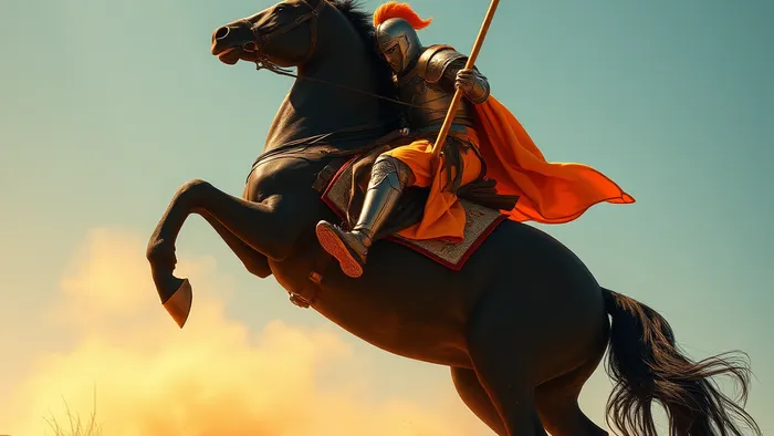 Рыцарь в доспехах на вздыбленном коне с горящим жезлом в руке на фоне холмистой местности — символ карты Рыцаря Жезлов в Таро.