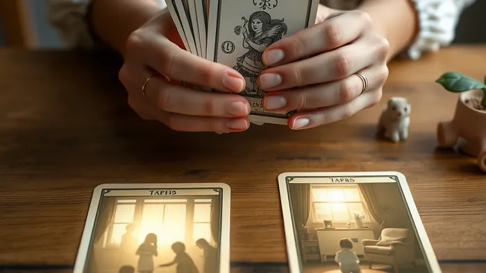 Символическое изображение выбора между детским садом и домом с помощью карт Таро: руки, колода карт, две светящиеся тропинки.