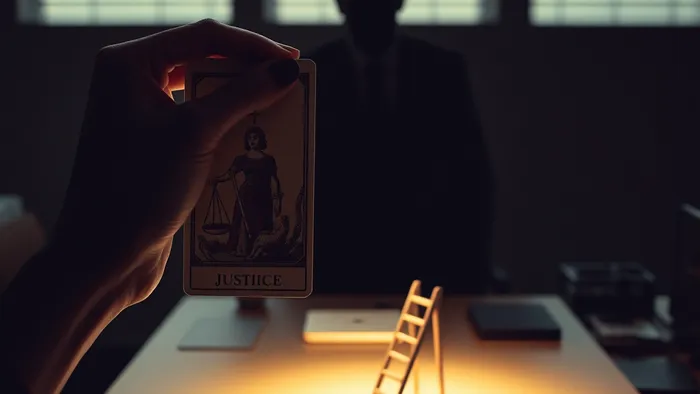 Символическое изображение руки, держащей карту Таро Справедливость, которая освещает офисный стол и карьерную лестницу, отбрасывая тень давления на стене.