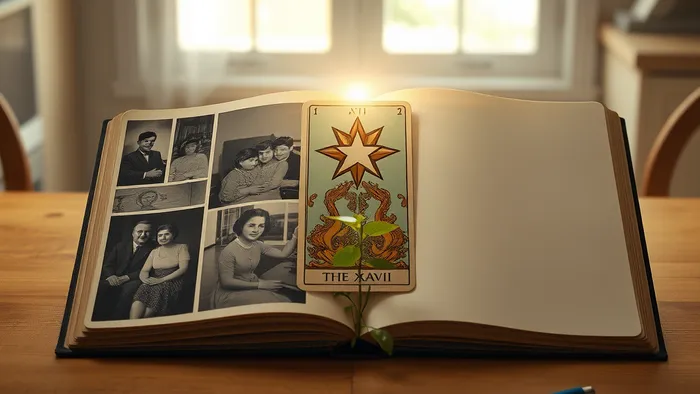 Символичное изображение создания новой семьи: старый фотоальбом и чистые страницы, соединённые картой Таро Звезда, символизирующей надежду и новый путь.