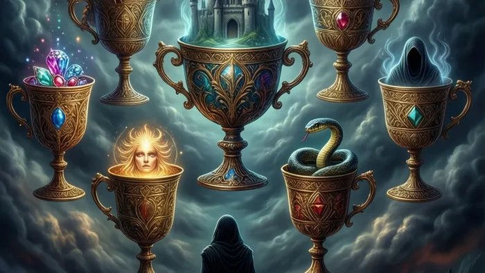 Иллюстрация карты Таро Семерка Кубков: семь чаш с символами парят в облаках, фигура внизу созерцает их, символизируя выбор среди иллюзий.