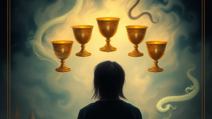 Символическое изображение Семерки Кубков Таро: силуэт человека созерцает семь парящих золотых кубков в туманном облаке на фоне звёздного неба.