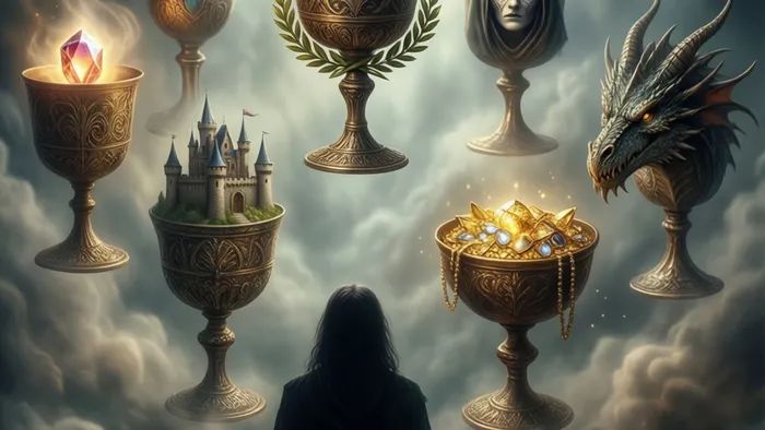 Символическое изображение карты Таро Семерка Кубков: фигура созерцает семь чаш с разными символами, парящими в тумане.