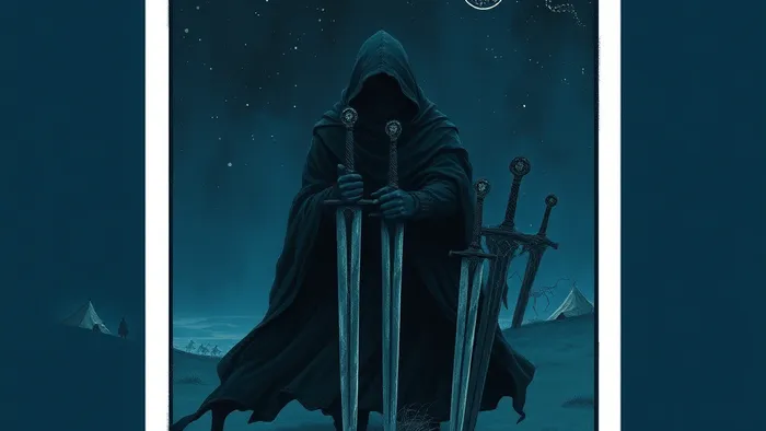 Детальное символическое изображение карты Таро Семерка Мечей: фигура в плаще уносит пять мечей, оставляя два в земле, на фоне ночного лагеря.