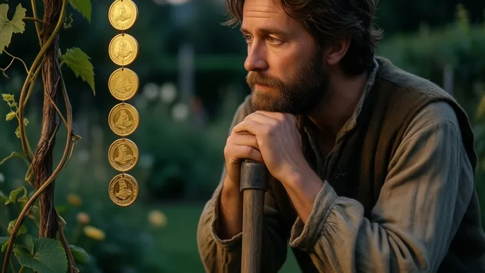 Символическое изображение Семерки Пентаклей Таро: человек в саду созерцает монеты на лозе, олицетворяя оценку, терпение и ожидание урожая.