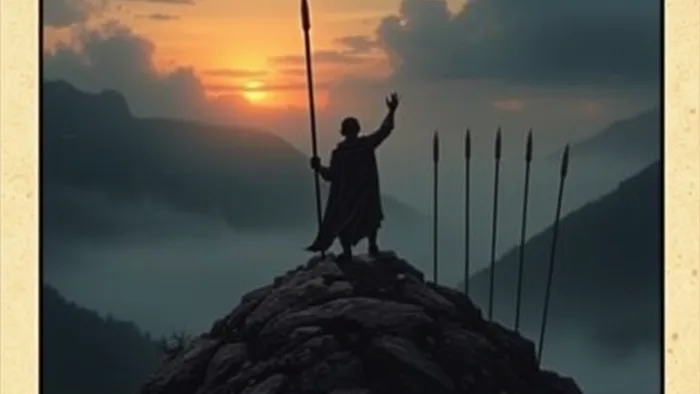 Символическое изображение карты Семерка Жезлов Таро: фигура, защищающая свою позицию на возвышенности.