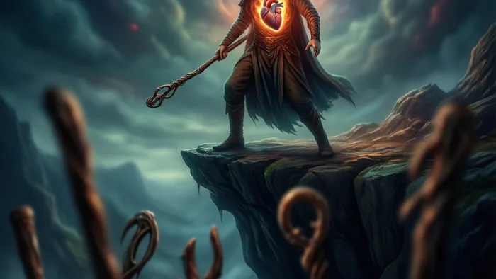 Символическое изображение Семерки Жезлов Таро, акцент на защите внутреннего эмоционального пламени от внешнего давления.