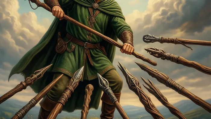 Иллюстрация карты Таро Семерка Жезлов: человек на холме отбивается одним жезлом от шести других, направленных на него.