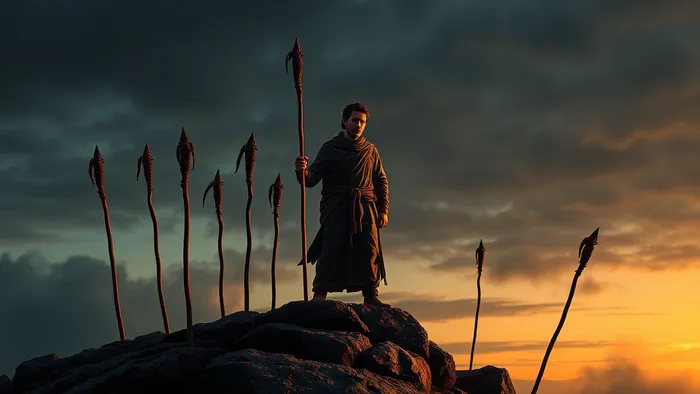 Концептуальное изображение темы Семерки Жезлов Таро: человек в одиночестве защищает свою позицию на возвышенности.