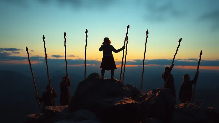 Символическое изображение Семерки Жезлов Таро: человек отстаивает свою позицию на вершине холма.