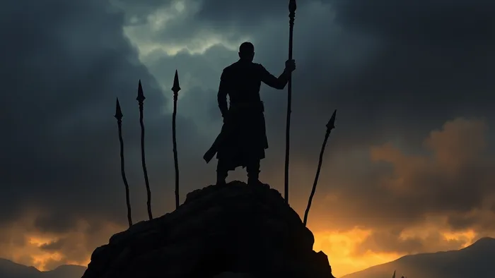 Символическое изображение карты Семерка Жезлов Таро: человек защищает свою позицию на возвышенности, готовый к обороне.