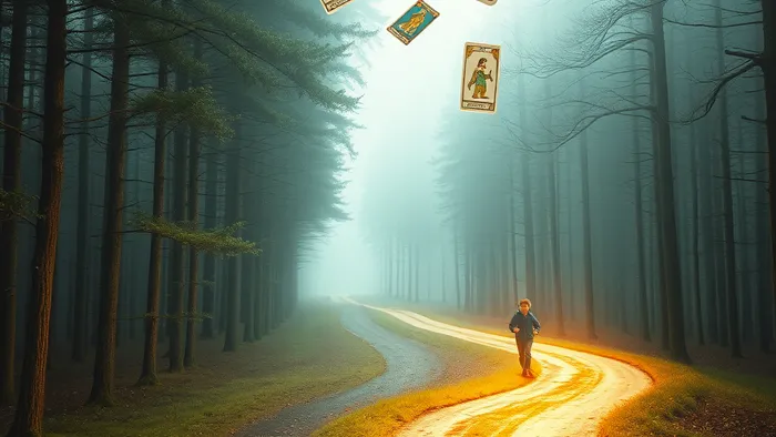 Символическое изображение выбора пути: развилка в волшебном лесу. Одна тропа — прямая и упорядоченная, другая — извилистая и светящаяся, рядом с которой бежит ребенок. В воздухе парят карты Таро Шут и Колесница.