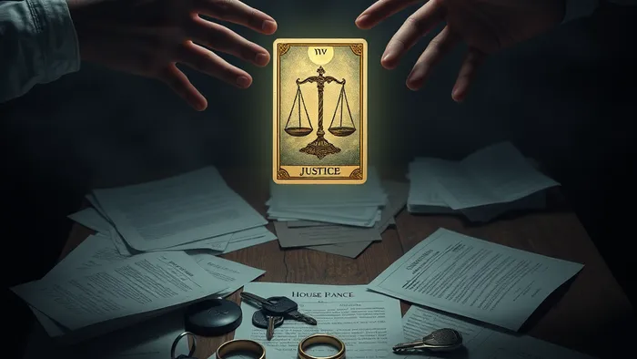 Символическое изображение медиации при разделе имущества: руки над документами и ключами, между ними парит карта Таро Справедливость (VIII) в лучах таинственного света.