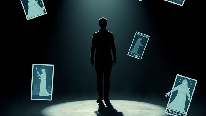 Символическое изображение страха сцены: человек в луче света на пустой сцене, его тень отбрасывает силуэты арканов Таро (Правосудие, Отшельник, Маг). Вокруг парят полупрозрачные карты.