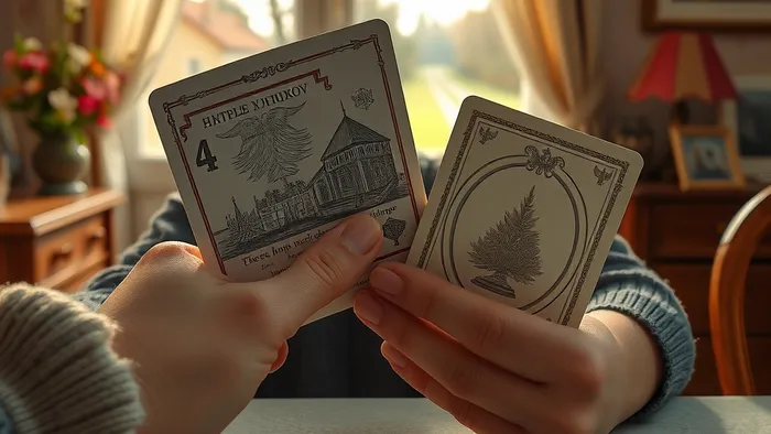 Символичное изображение выбора между стабильностью дома (карта 4 Жезлов) и зовом новых чувств (Рыцарь Кубков) с помощью карт Таро