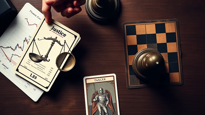Символическое изображение дилеммы руководителя: весы Правосудия над финансовыми отчетами и шахматный конь на бизнес-поле, между ними лежит карта Таро Башня.