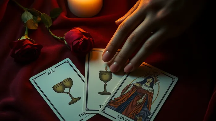 Рука выкладывает карты Таро (Влюбленные, Двойка Кубков, Королева Кубков) на бархатную ткань при свечах. Рядом лежит роза и обручальное кольцо.