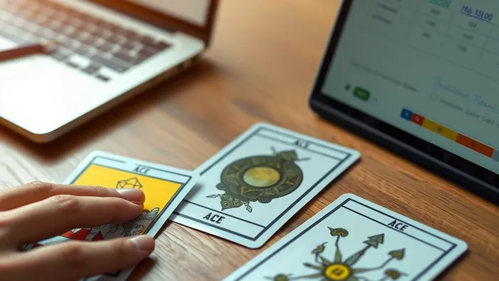 Рука раскладывает карты Таро (Маг, Туз Пентаклей, Тройка Жезлов) рядом с ноутбуком, на экране которого видны графики продаж.