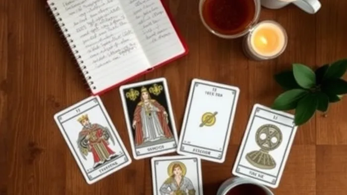 Расклад карт Таро на деревянном столе для анализа рабочей ситуации, включая карты Император, Рыцарь Мечей и Десятка Пентаклей.