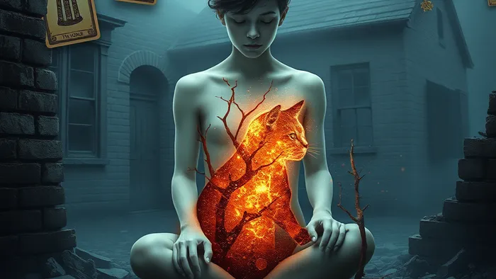 Символическое изображение подростка, из груди которого растёт колючая лоза, превращающаяся в силуэт кошки из пыльцы. На фоне парят карты Таро Башня и Пятерка Кубков.