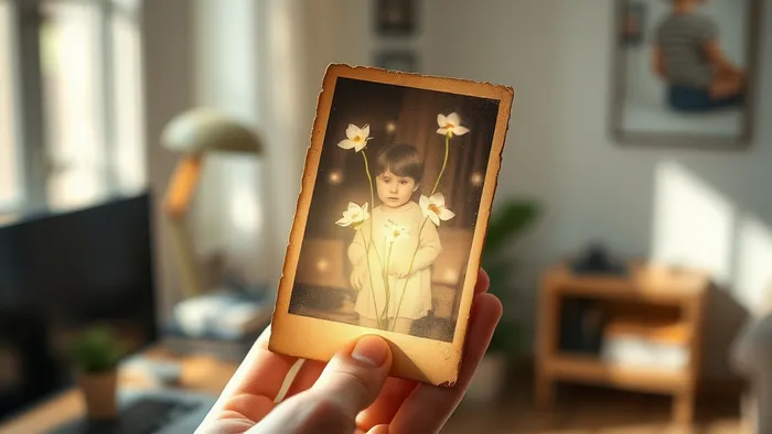 Символическое изображение процесса интеграции прошлого: из старой фотографии в руке исходят свет и цветы, вплетаясь в настоящее.