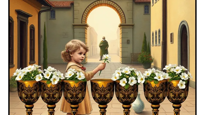 Иллюстрация карты Таро Шестерка Кубков в стиле Уэйта: дети обмениваются цветком, кубки с цветами на переднем плане.