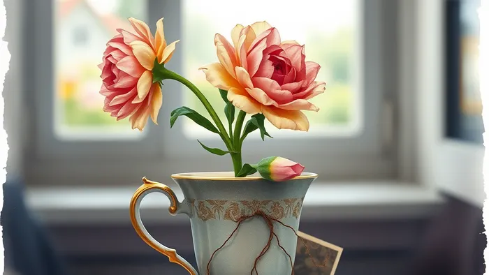 Символическое изображение Шестерки Кубков Таро: увядающий цветок в кубке с корнями, опутанными старыми письмами, на фоне размытого прошлого и четкого настоящего.