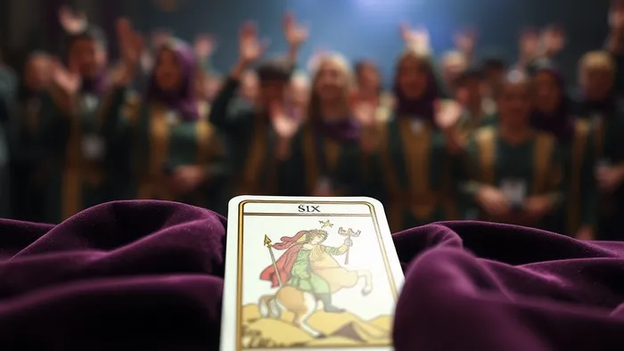 Крупный план карты Таро Шестерка Жезлов на бархатной ткани. Видны детали: всадник с лавровым венком на жезле.