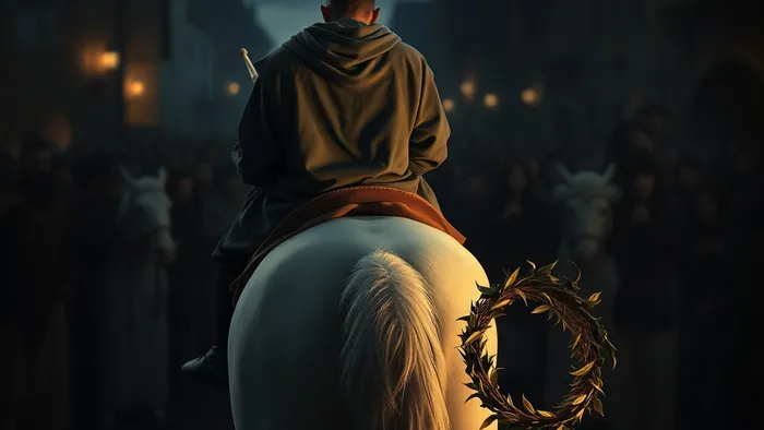 Символическое изображение перевернутой Шестерки Жезлов Таро: всадник в унылой позе, толпа отвернулась, венок победы вот-вот упадет.