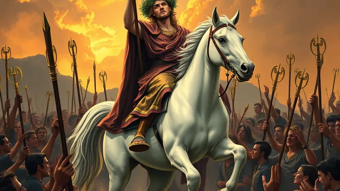 Иллюстрация карты Таро Шестерка Жезлов: всадник на белом коне с лавровым венком, окруженный толпой со жезлами.