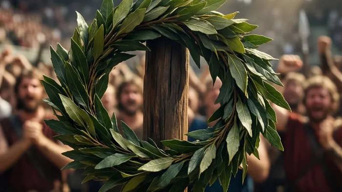 Лавровый венок на жезле как символ победы и признания карты Шестерка Жезлов Таро