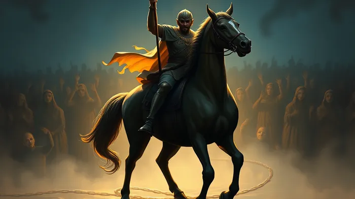 Символическое изображение карты Таро Шестерка Жезлов, где триумфальный всадник отбрасывает тень в виде цепей, символизируя предостережение карты о ловушках успеха.