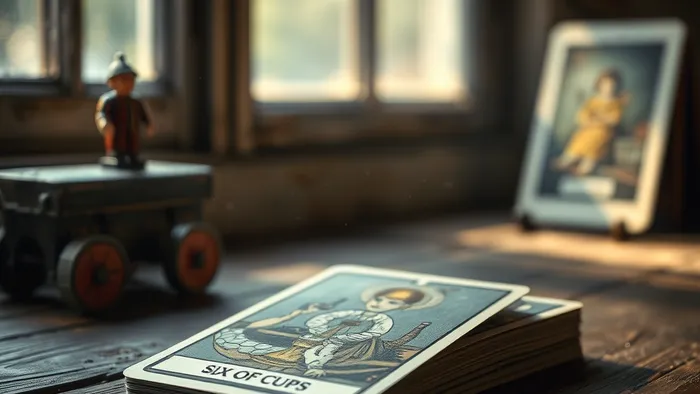 Карта Таро Шестерка Кубков в деталях на фоне ностальгических предметов