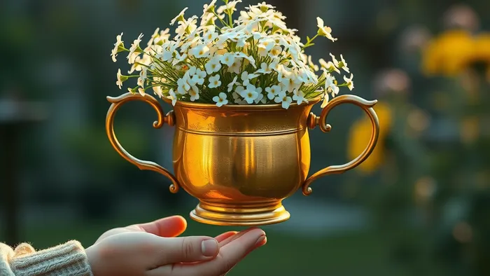 Метафорическое изображение Шестерки Кубков: детские руки передают кубок, полный незабудок, в лучах закатного солнца в старом саду.